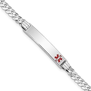 Jewels By Lux Engravable Personalized Custom 14K White Gold Medical Red Enamel Flat Curb Link ID Bracelet For Men or Women Length 8 inches Width 5.5 mm With Lobster Claw Clasp