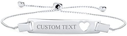 Personalized Delicate Petite Bear Charm Name Bar Plated Engrave Heart Thin ID Identification Bolo Bracelet For Women Teen .925 Silver Sterling For Small Wrists 5-6 Inch Adjustable Customizable