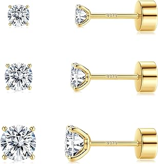 ZELORES 3 Pairs 20G CZ Stud Earrings Flatback 925 Sterling Silver Tragus Cartilage Stud Earrings Set Tiny CZ Stud Flat Back Earrings for Women Men