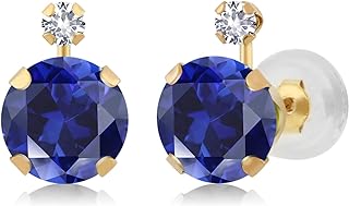 Stunning 14K Yellow Gold Blue & White Sapphire Stud Earrings with Push-Backs for Women, Round Shape Design (2.08 Cttw, 6MM+2MM)