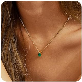 RLMOON Diamond Birthstone Necklace for Women Girls Dainty Gold Necklaces 14K Gold Plated Cubic Zirconia Tearderop Pendant Necklace Red Emerald Blue CZ Choker Necklace Trendy Jewelry Birthday Gift