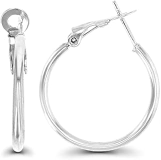 DECADENCE Sterling Silver Polished Omega Back Hoop Earrings for Women | 2x25mm Round Hoop Earrings | Secure Bar Closure | 14k Plated Shiny Classic Earrings