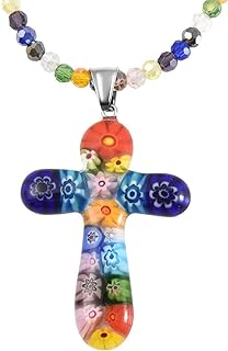 Colorful 20" Murano Style Glass Heart Pendant Cross Necklace with Stainless Steel Box Chain and Spring Ring Clasp - Vibrant Jewelry Gift for Mom on Mother’s Day or Birthday