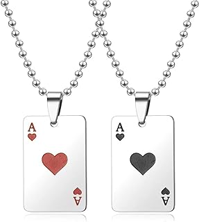Cool Stainless Steel Bead Necklace with Buckle Clasp, Metal Gem, Chunky Chain for Men and Women - Poker Card Pendant Design