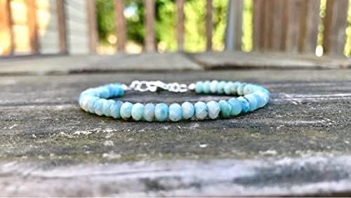 YUGNA Refined Elegance - Unisex Blue Larimar 4mm Rondelle Faceted Cut Gemstone Bead Stacking Bracelet with Silver Plated Lock - Style Code: LCBR-4256