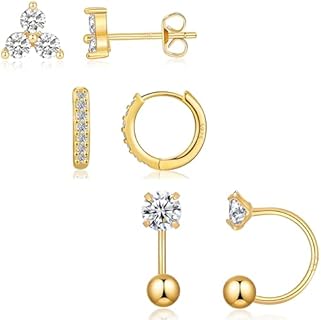 Set of 3 Sterling Silver Minimalist Hoop Earrings with Cubic Zirconia for Women, Dainty 14K Gold Huggie Hoop, Ear Climber, and Earring Jacket Combination for Multi-Piercing Style