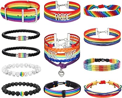 Sanfenly 12Pcs LGBTQ Pride Bead Chain Bracelet Set, Cubic Zirconia, Alloy & Magnetic Clasp, Adjustable Rainbow Inspired Design, Durable Metal Material, for Men & Women