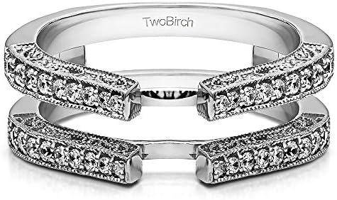 TwoBirch Filigree Engagement Ring Guard in Sterling Silver, with Millgrained Edges and Cubic Zirconia, Size 9, Ideal for Women, Round/Marquise/Pear/Princess Design