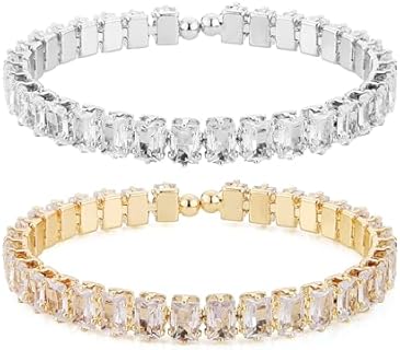 Dazzling Cubic Zirconia Tennis & Cuff Bracelet Set, HZMAN 14K White Gold Plated with Box Chain and Spring Ring
