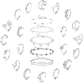 JOERICA 25 Pcs Toe Rings and Ankle Bracelets for Women Evil Eye Butterfly Anklets Open Adjustable Snake Flower Heart Toe Rings for Summer Beach Foot Jewelry