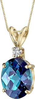 PEORA Created Alexandrite with Genuine Diamond Pendant 14K Yellow Gold, Color-Changing Solitaire, 3.30 Carats Oval Shape 10x8mm