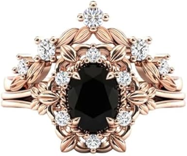 Vintage Oval Black Onyx Engagement Ring Set with Sterling Silver Art Deco Floral Design for Brides, Antique Wedding Ring Shape