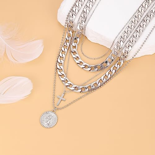 MJartoria Gold Layered Necklaces for Women Trendy Retro Coin Pendant Gold Necklace Dainty Chunky Link Chain Choker Necklaces for Girls Jewelry Birthday Gifts