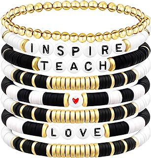 Ronglry 8pcs Teacher Bracelet Appreciation Gifts Clay Bead Bracelet for Teacher Bracelets Bulk Heishi Surfer Bracelets Set Love Teach Inspire Letter Beaded Stackable Stretch Bracelets Back to School Bracelet Teacher Gifts for Women