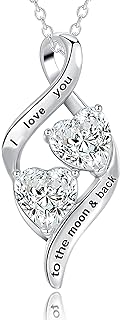 Mom-Themed Sterling Silver Heart Cubic Zirconia Pendant Necklace with Cable Chain and Lobster Claw Clasp - 'I Love You to the Moon and Back' Engraved Jewelry Gift