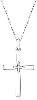 FANCIME 14K SOLID REAL Gold Star Natural Diamond 0.025ct Cross Crucifix Delicate Necklace Dainty Pendant Fine Jewelry Birthday Gifts For Women Girls, With 16+2" Solid Gold Cable Chain