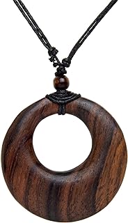Hand Carved Brown Wood Round Tribal Pendant - Large Wooden Disc Adjustable Pendant Necklace - Natural Ladies Gifts - Gothic Jewelry -Wooden Handmade Necklaces