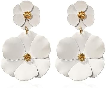 GUOXIAOMEI White Summer Flower Floral Dangle Earrings Boho 2 Layered Floral Petal Drop Earrings Statement Stud Earring for Women Girls jewelry