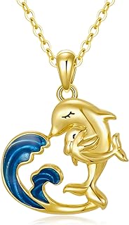 14k Yellow Gold Cable Chain Dolphin Heart Pendant Necklace, Mother-and-Child Ocean Inspired Design, Perfect Gift for Women, Moms, or Wives, Adjustable Length 16"-18"