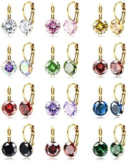 JOERICA 12 Pairs Leverback Dangle Earrings Set for Women Gold Plated CZ Stainless Steel Earrings 6/10MM Multicolor Cubic Zirconia Drop Earrings
