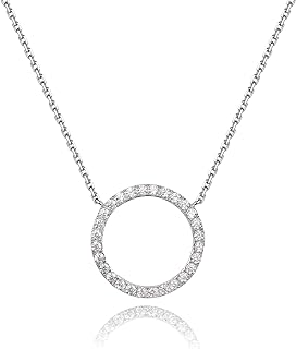 espere Rhodium Plated Paved Circle Pendant Sterling Silver Necklace for Women