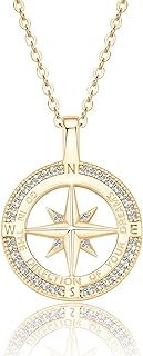 Compass Necklace for Women Girls, 925 Sterling Silver with 18K White Gold/ Gold Plating Compass Pendant Jewelry Cubic Zirconia Unisex Senior High School College for Masters Degree Graduation Birthday Girlfriend Christmas Ideas Gift