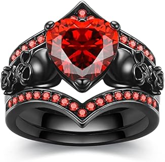 Gothic Black Rose Flower Skull Engagement Ring Set Red Purple Heart-shaped Zircon Crystal Wedding Anniversary Mother's Day Holiday Gift Jewelry