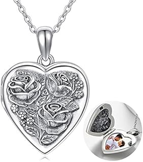 MEDWISE 925 Sterling Silver Locket Necklace That Holds Pictures Photo Necklace Oxidized Rose Flower Heart Pendnat Lockets Gifts for Women Birthday Christmas Gifts