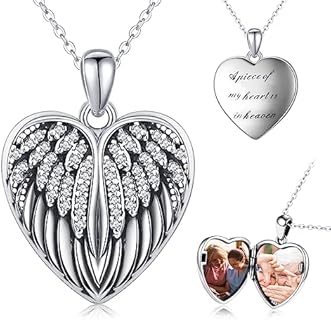 Angel Wings Locket Necklace 925 Sterling Silver Heart Locket Necklace That Holds Pictures Memorial Pendant Necklace Locket Jewelry Gifts for Women Girls