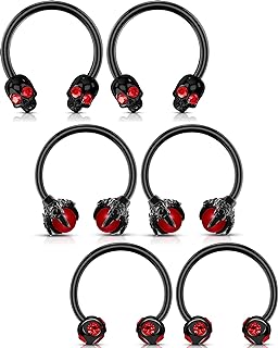 OUFER 6PCS Septum Nose Ring Hoop, 316L Stainless Steel Helix Earrings, Skull Daith Tragus Cartilage Piercing Jewelry, Claw Captive Bead Rings