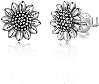 POPLYKE 925 Sterling Silver Sunflower Stud Earrings for Girls Birthday Gifts Moonstone Oxidation Gold Plated Sunflower Earrings for Women Valentine's Day Gifts