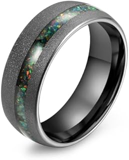 Tungsten Carbide Ring 4mm/8mm for Womens Mens Black Engagement Wedding Bands Genuine Opal Inlay Domed Polished Comfort Fit