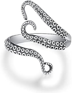 TANGPOET Octopus Rings for Men Women Sterling Silver Pirate Octopus Rings Opening Adjustable Squid Rings Retro Punk Octopus Jewelry Gift Size 6 to 10