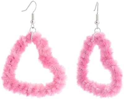 SELOVO Pink Fluffy Heart Dangle Earrings with French Wire Back Finding for Women and Girls, Brass Drop Design - No Gemstone