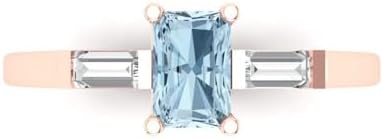 0.8 ct Emerald Cut Natural Aquamarine 14k Yellow Gold Three-Stone Wedding Engagement Bridal Promise Ring