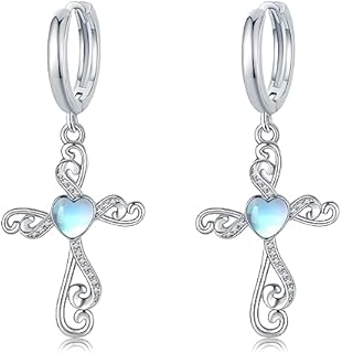 Cross Dangle Hoop Earrings 925 Sterling Silver Hypoallergenic Moonstone Cross Hoops Earrings Cross Moonstone Jewelry Gifts for Women Girls