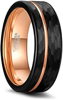 Men's Classy Hammered Tungsten Carbide Wedding Ring with Rose Gold Accent - Size 7 Comfort Fit Design by Greenpod