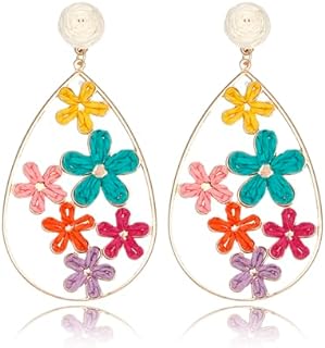 Push-Back Handmade Hollow Raffia Flower Dangle Earrings in Zinc for Women's Casual Summer Style