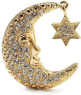 Crystal Moon And Star Fashion Brooch (Gold Tone)