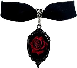 Dark Red Rose Flower Pendant Choker Necklace Gothic Vintage Victorian Black Velvet Collar Necklace Crystal Cameo Punk Necklace Witch Bride Vampire Cosplay Jewelry Accessories for Women Girls Halloween Valentine's Day Gifts