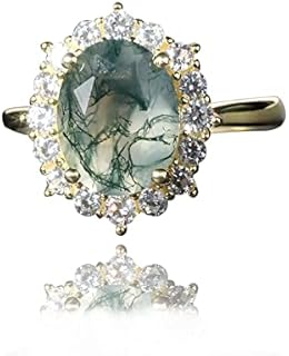 Moss Agate Ring Oval Cut Natural 925 Sterling Silver Vintage Ring Moss Agate Engagement Statement Ring for Women Mom 10x8