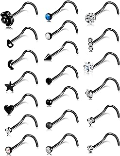 Tornito 20G 20Pcs Nose Ring CZ Nose Stud Retainer L Bone Screw Shaped Nose Piercing Jewelry Set For Women Men Stainless Steel Silver Tone