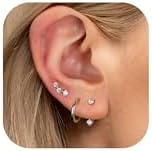 3 Pairs 925 Sterling Silver Earrings for Women Teens Stackable | Dainty Stud Huggie Hoop Earrings Hypoallergenic | 14k Gold Cartilage Earrings Small Hoop Earrings Sets for Multiple Piercing