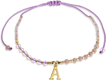 Personalized Purple Gold Beaded Initial Bracelet with Stainless Steel Chain, No Gemstone, Adjustable for Women and Teen Girls, Handcrafted Boho Jewelry Gift