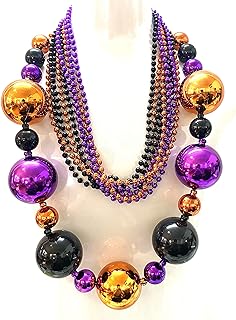 Vibrant Jumbo Ball Bead Necklaces in Black, Purple and Orange with Ball Chain and Clasp, Perfect for Mardi Gras, Halloween and Fancy Dress Parties (10 Pcs Set)
