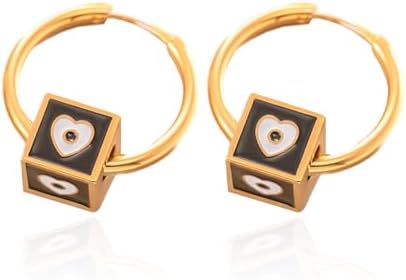Gold Hoop Earrings For Women, with Cube Charms, Heart and Eye Design - Gold Plated Heart Hoop Earrings