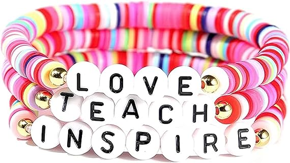 Handmade Bohemian Beaded Teacher Bracelet Colorful Ploymer Clay Love Teach Inspire Beaded Stretch Letter Bracelets for Women Girls Teacher Appreciation Gifts