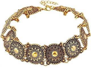 Vintage Antique Gold Flower Carved Disc Chain Link Choker Collar Necklace for Women Girls,Western Cowgirl Boho Ethnic Bohemian Chunky Necklace,Tribal Native American Hippie Jewelry Gifts