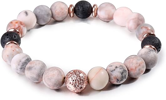 Agate & Crystal Beaded Chain Spiritual Bracelet with Lava Rock & Pink Zebra Jasper, Stress-Relieving Yoga Bracelet for Women and Men