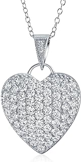 Bling Jewelry Romantic Elegant Large Bridal Pave Cubic Zirconia CZ Puff Heart Shape Pendant Necklace For Women Teen .925 Sterling Silver